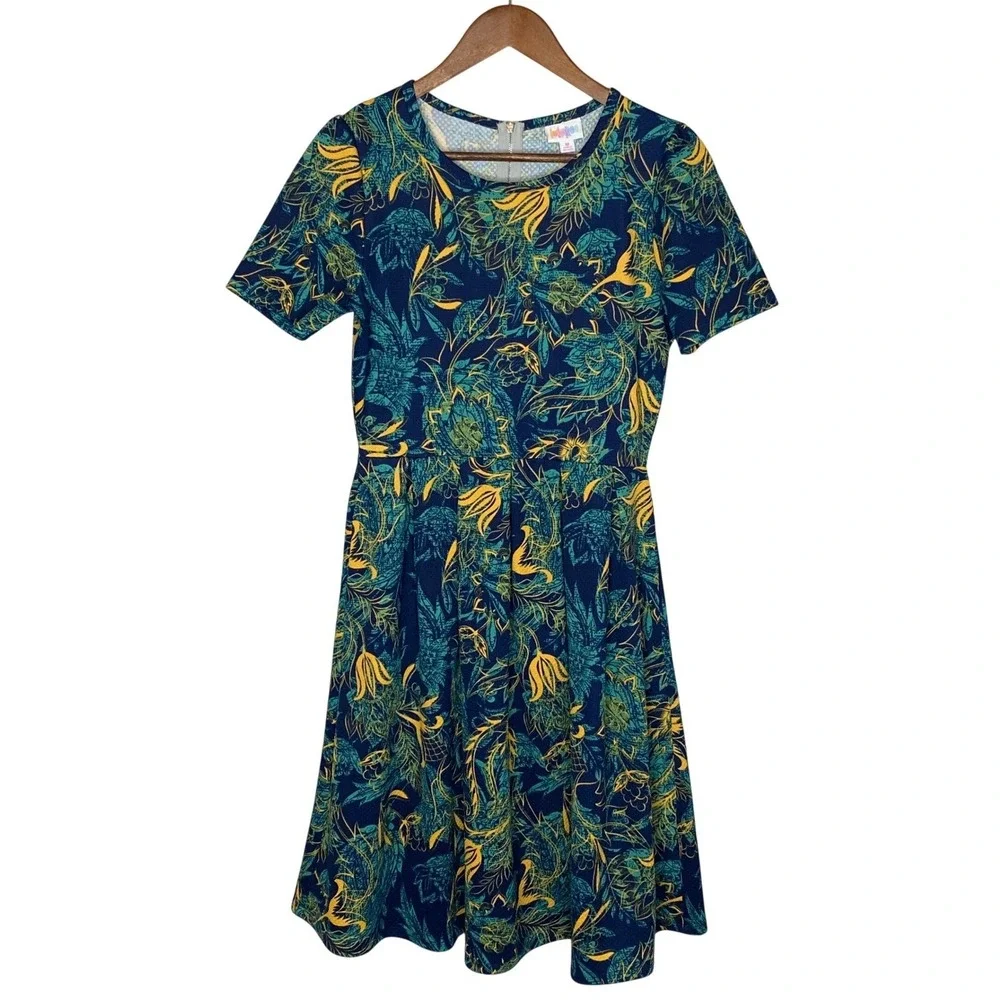 LuLaRoe Amelia Dress Womens Size M Blue Botanical Floral Pleated Stretch Pockets